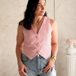 Women's Pink Gingham Vest Top - Button Front Tailored Fit